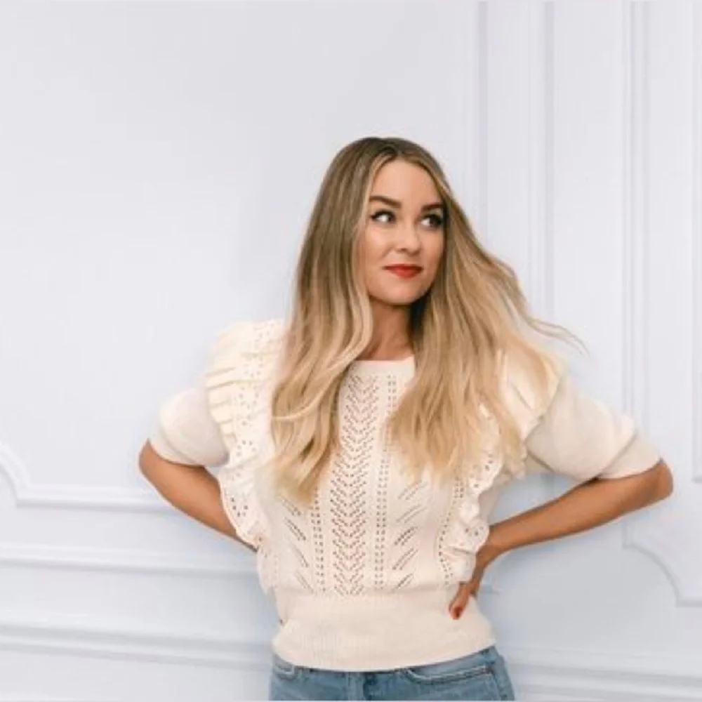 LC Lauren Conrad Ivory Short Sleeve Pointelle Sweater Top Size Medium Ruffle - Picture 2 of 8